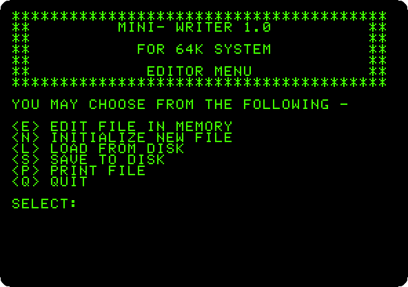 The menu of Mini-Writer on the Base 64A